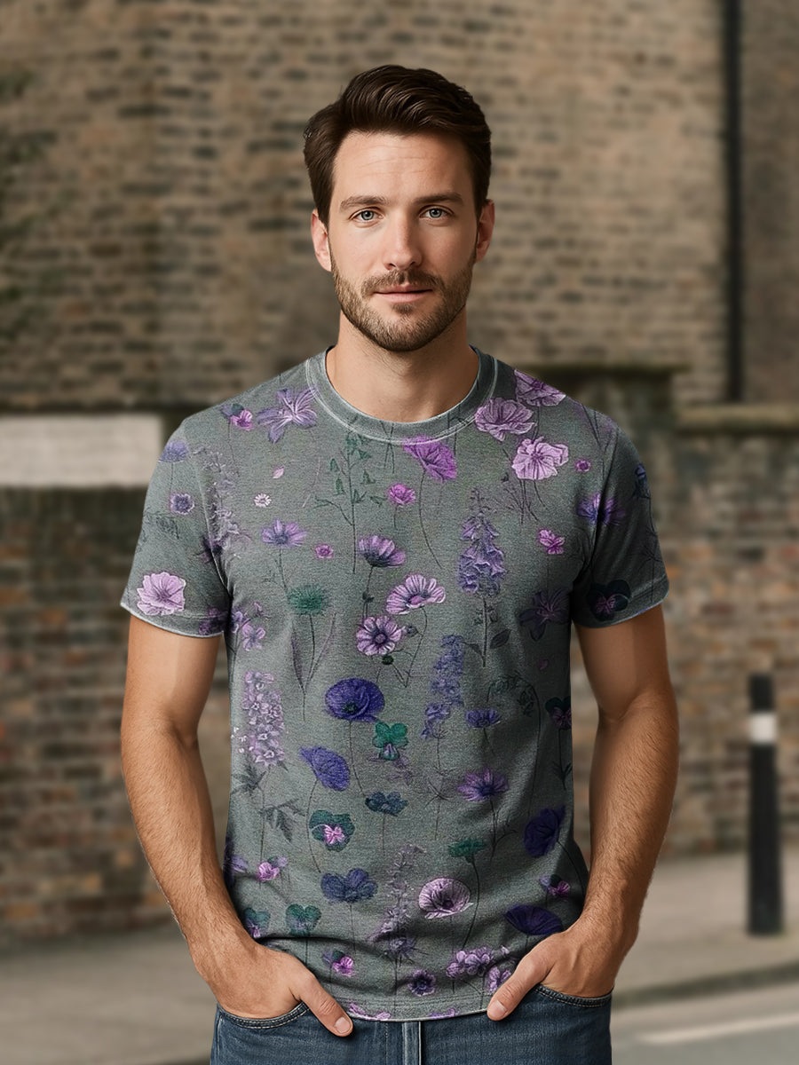Herren Retro T-Shirt mit Abstraktem Blumenmuster – Lockerer Schnitt Kurzarm Baumwollmix Rosa-Lila / S