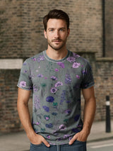Herren Retro T-Shirt mit Abstraktem Blumenmuster – Lockerer Schnitt Kurzarm Baumwollmix Rosa-Lila / S