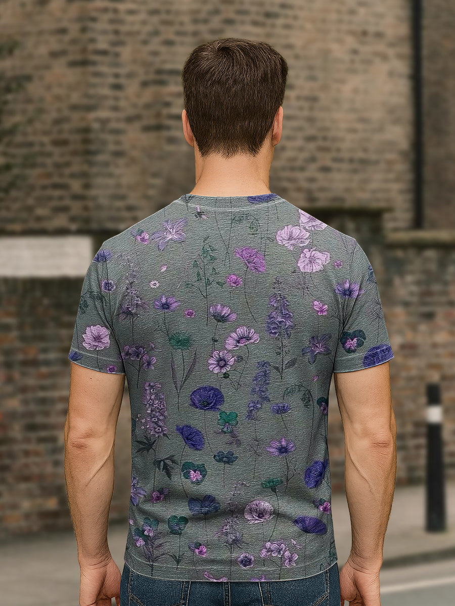 Herren Retro T-Shirt mit Abstraktem Blumenmuster – Lockerer Schnitt Kurzarm Baumwollmix