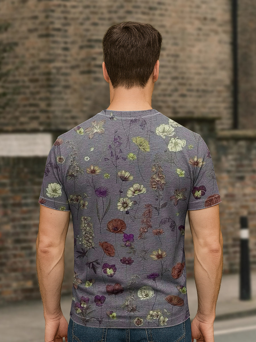 Herren Retro T-Shirt mit Abstraktem Blumenmuster – Lockerer Schnitt Kurzarm Baumwollmix