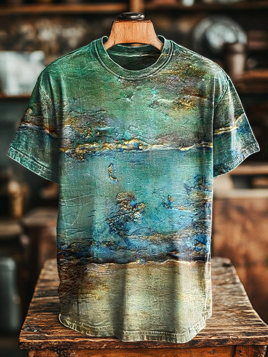 Herren Künstlerisches T-Shirt mit abstraktem Landschafts-Print – Baumwollmix, lockerer Schnitt, für Herbst & Winter