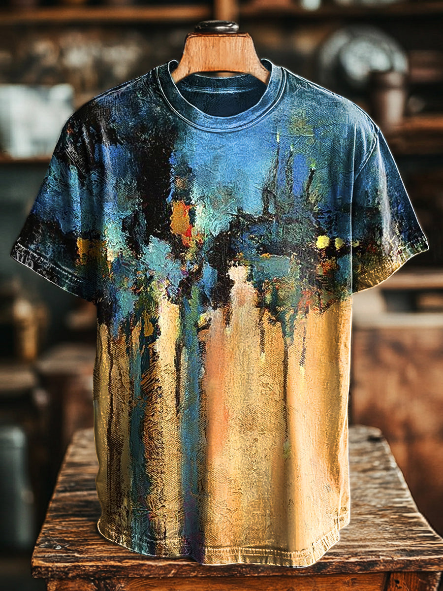 Herren T-Shirt mit abstraktem Ölgemälde-Print – Baumwollmix, Kurzarm, Künstlerischer Stil für Freizeit & kreative Outfits