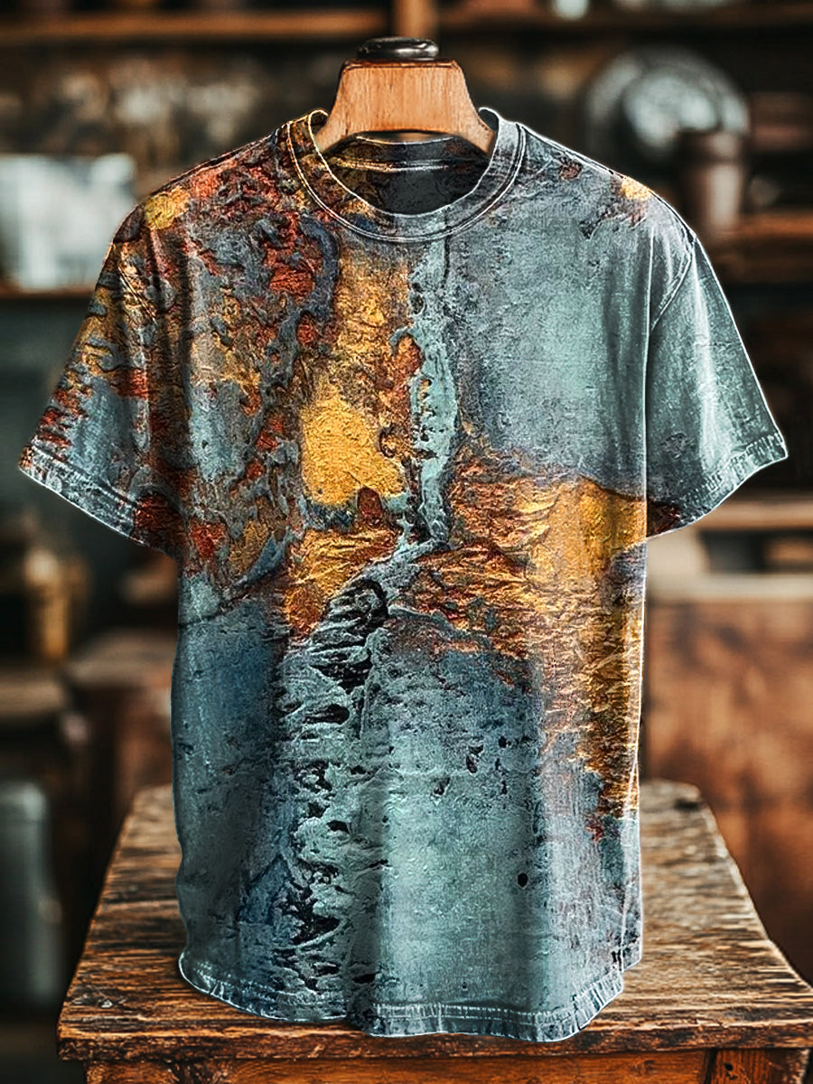 Herren T-Shirt mit abstraktem Stein- und Rost-Print – Baumwollmix, Kurzarm, individueller Stil für Freizeit & kreative Outfits