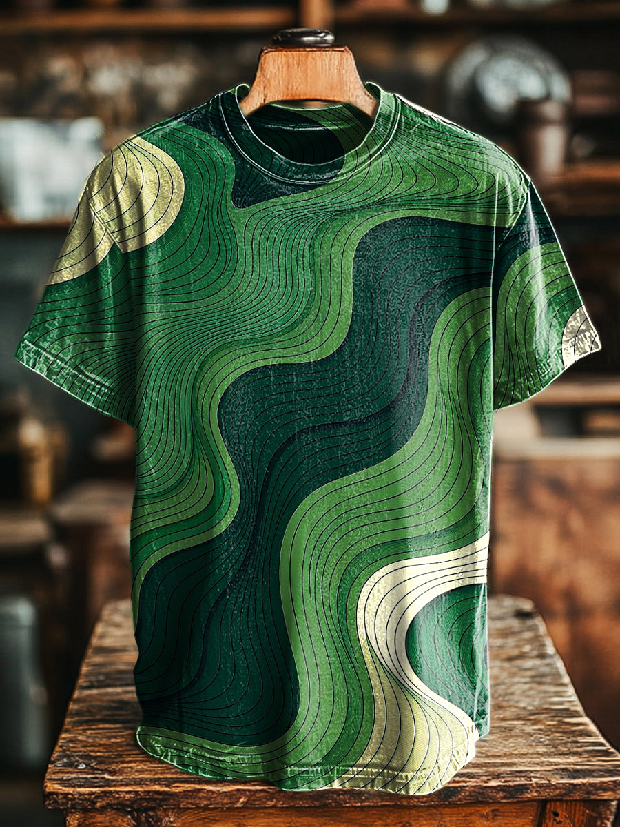 Herren T-Shirt mit grünem Topografie-Print – Baumwollmix, Kurzarm, kreativer Natur-Look für Alltag & Freizeit