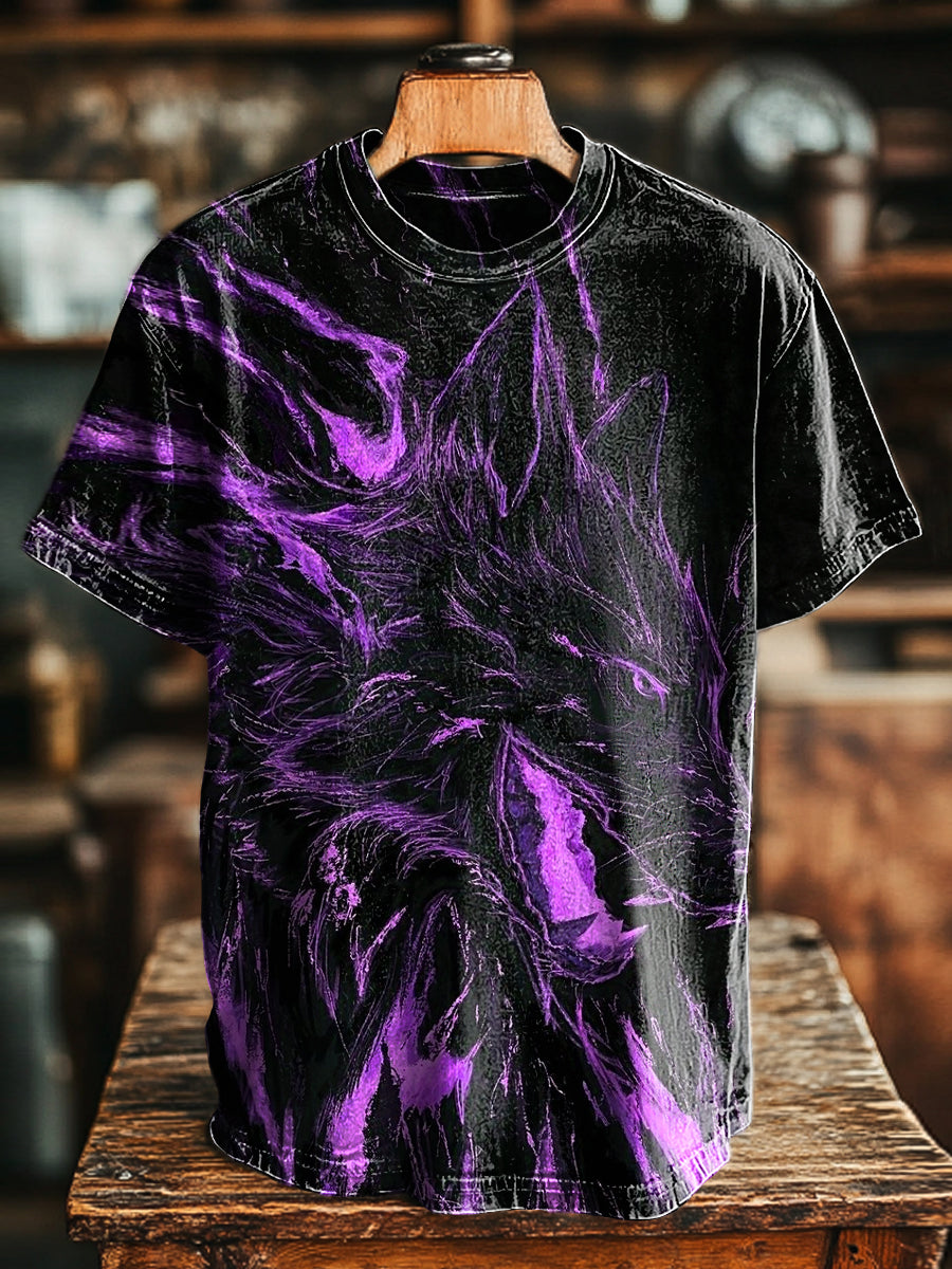 Herren T-Shirt mit violettem Wolf-Motiv – Baumwollmix, Kurzarm, markanter Animal-Print für Alltag & Freizeit