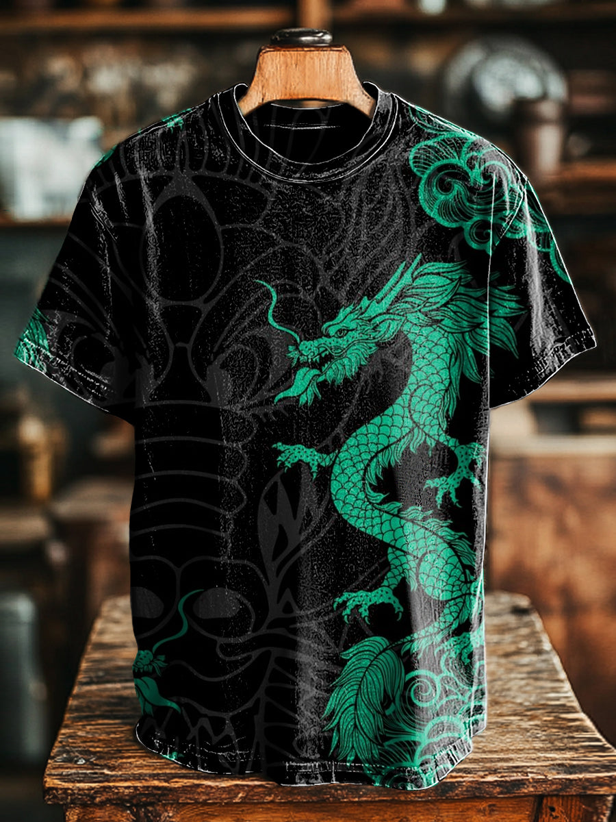 Herren T-Shirt mit Drachen-Print in Schwarz-Grün – Baumwollmix, Kurzarm, Asiatischer Stil für Freizeit & Streetwear