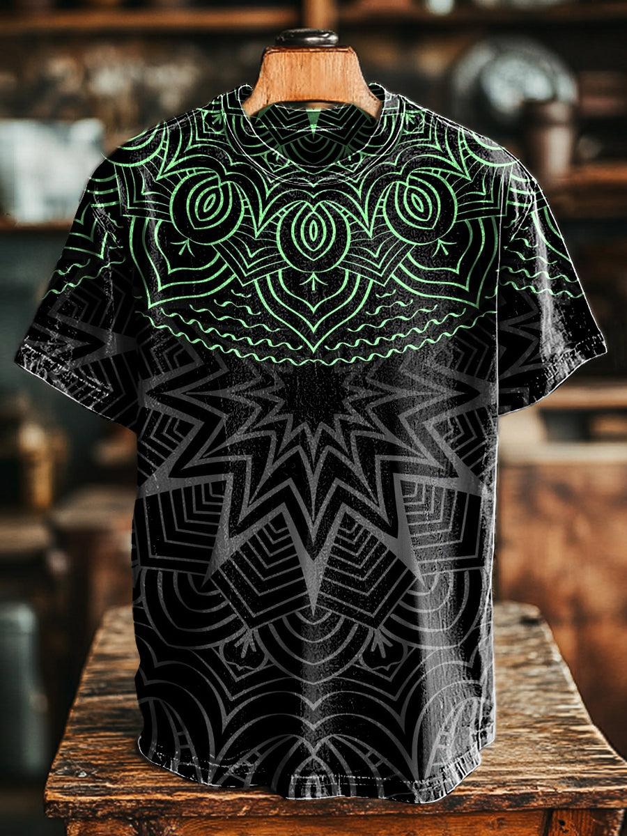 Herren T-Shirt mit Tribal Muster in Schwarz-Grün – Baumwollmix, Kurzarm, Ethno Stil für Alltag & Freizeit