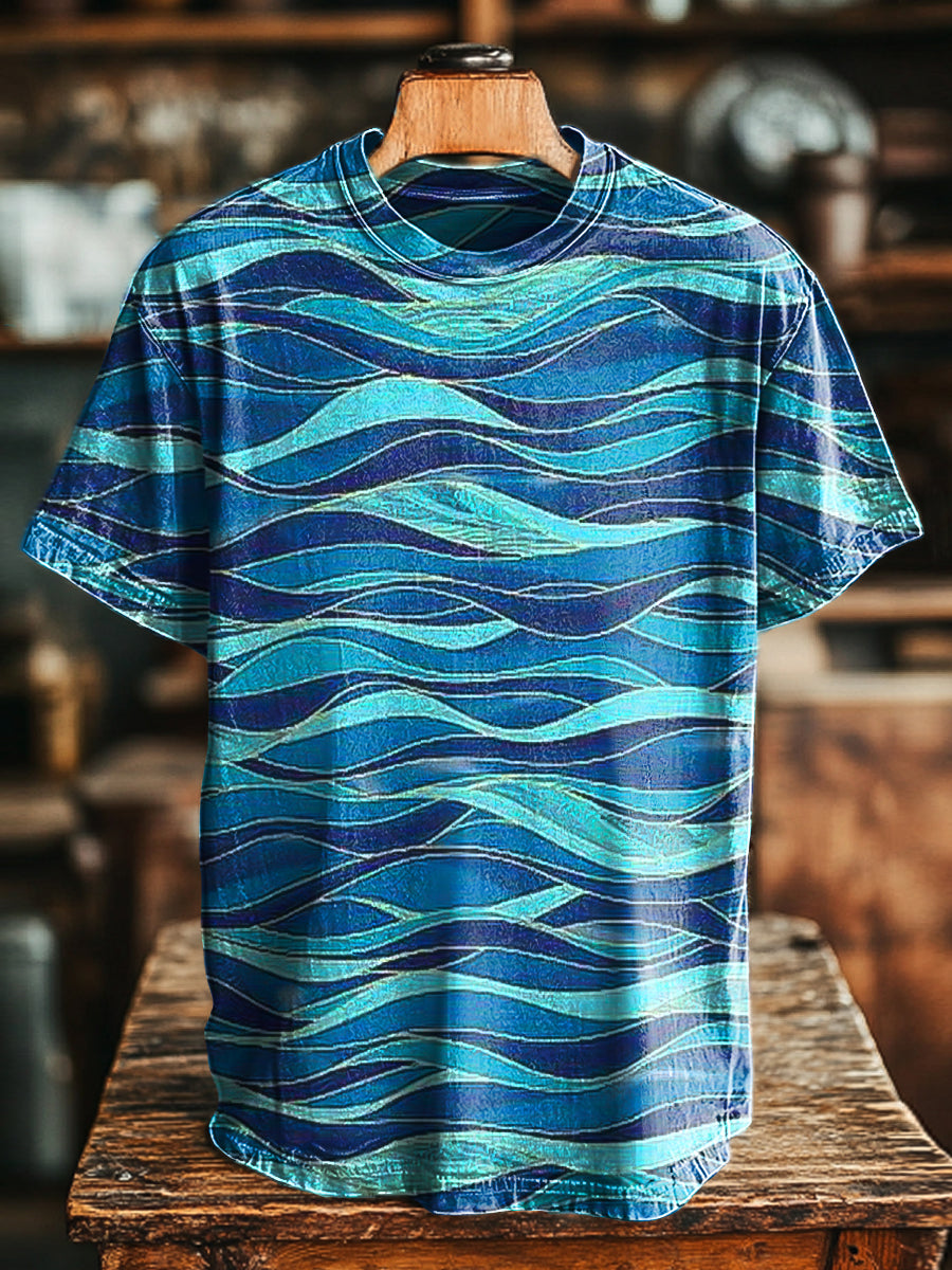 Herren Kurzarm T-Shirt mit Wasserwellen-Print – Baumwollmix, für Freizeit & Sommer-Looks