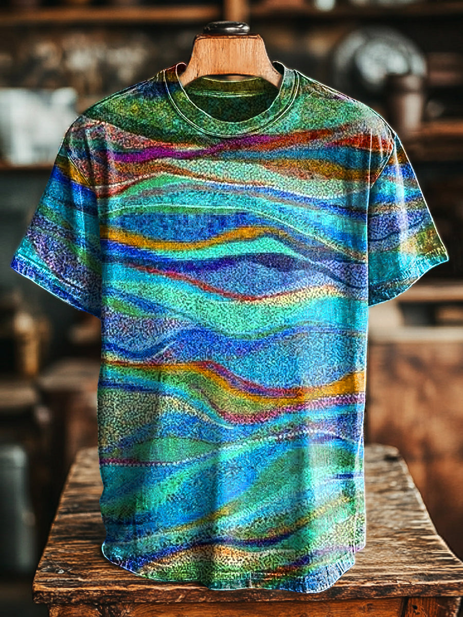 Herren Künstlerisches Wellenmuster T-Shirt - Bunter Baumwollmix, Lockerer Schnitt, Ideal für Freizeit & Urlaub