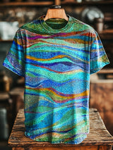 Herren Künstlerisches Wellenmuster T-Shirt - Bunter Baumwollmix, Lockerer Schnitt, Ideal für Freizeit & Urlaub