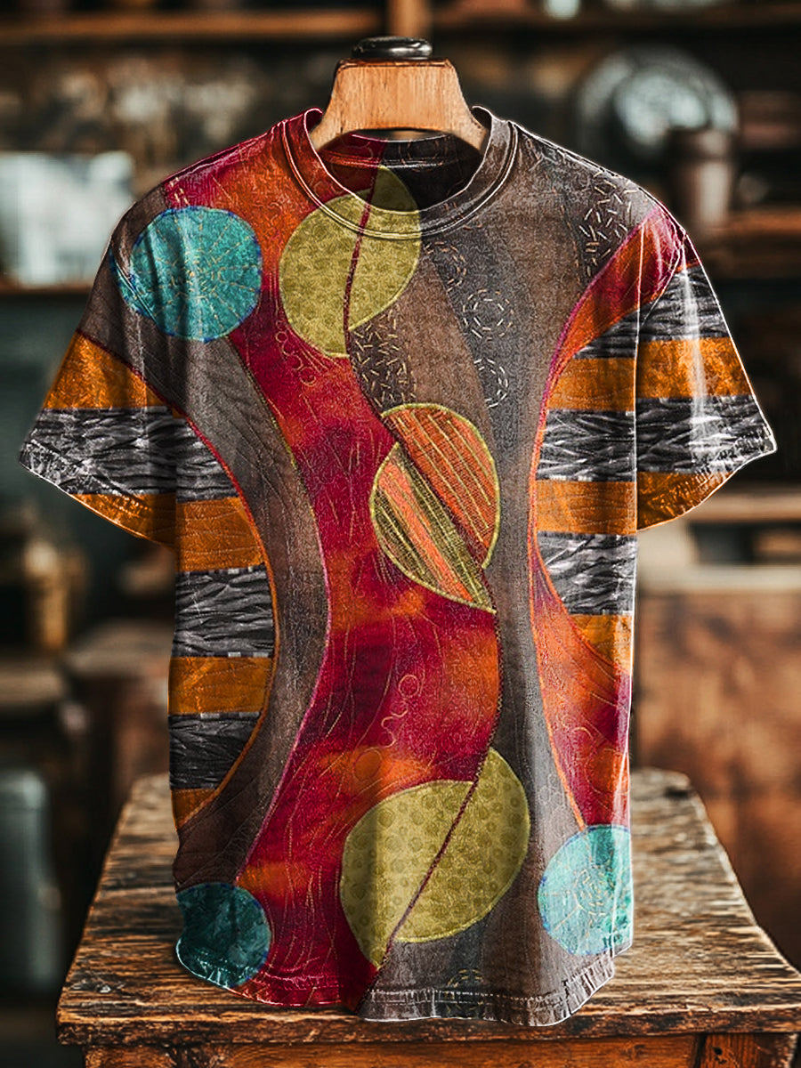 Herren Kurzarm T-Shirt mit abstraktem Retro-Print – Baumwollmix, für kreative Freizeit-Looks