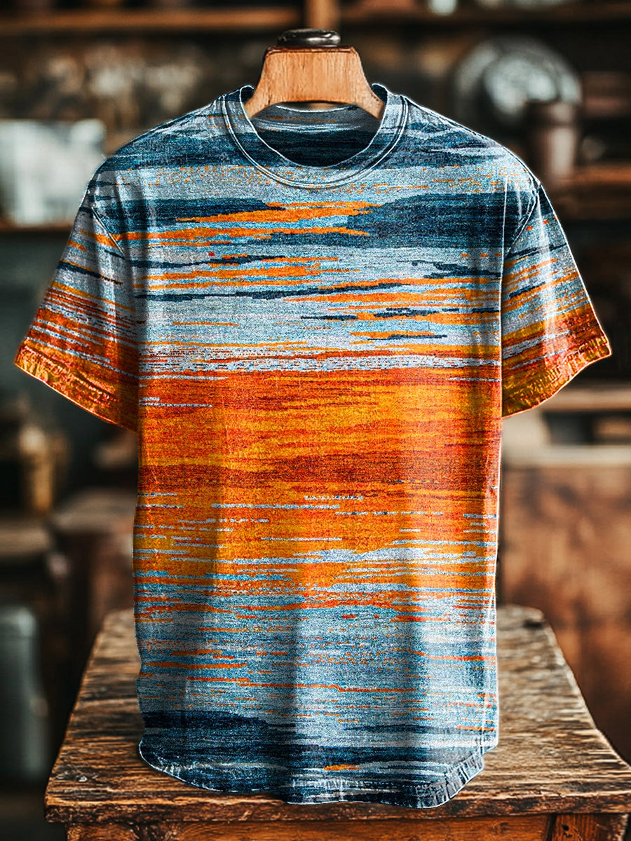 Herren T-Shirt mit Sonnenuntergangs-Print – Baumwollmix, Bunt, Lässig & Ideal für Alltag und Urlaub