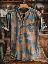 Herren Henley-Shirt mit Retro-Camouflage-Print – Baumwollmix, Kurzarm, Lässig & Bequem für Alltag und Freizeit