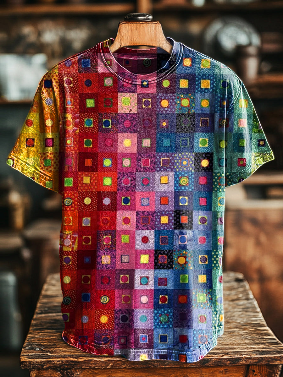 Herren Kurzarmshirt mit Bunter Patchwork-Optik – Baumwollmix, Rundhalsausschnitt, Auffälliges Freizeitshirt