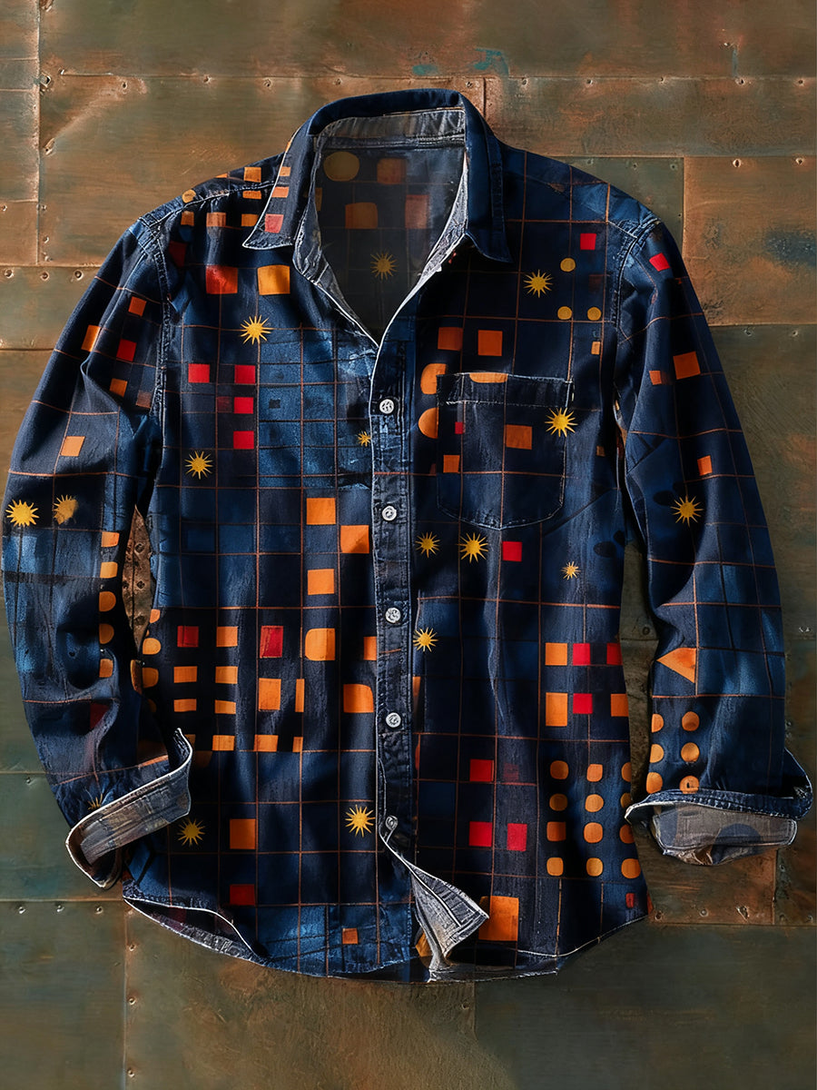 Herren Retro Abstrakt Kunstdruck Lässiges Langarm-Hemd