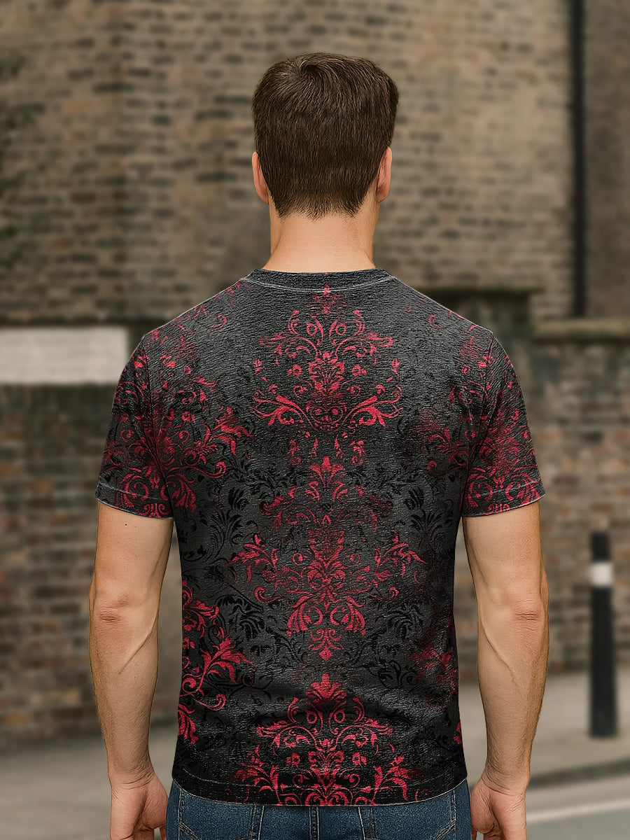 Herren T-Shirt mit Retro-Dunkelblumenprint – Lockerer Schnitt, Kurzarm, Baumwollmix