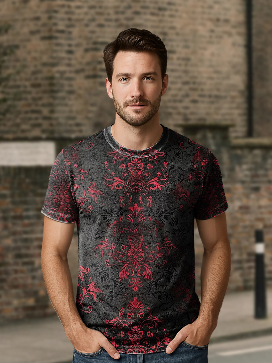 Herren T-Shirt mit Retro-Dunkelblumenprint – Lockerer Schnitt, Kurzarm, Baumwollmix