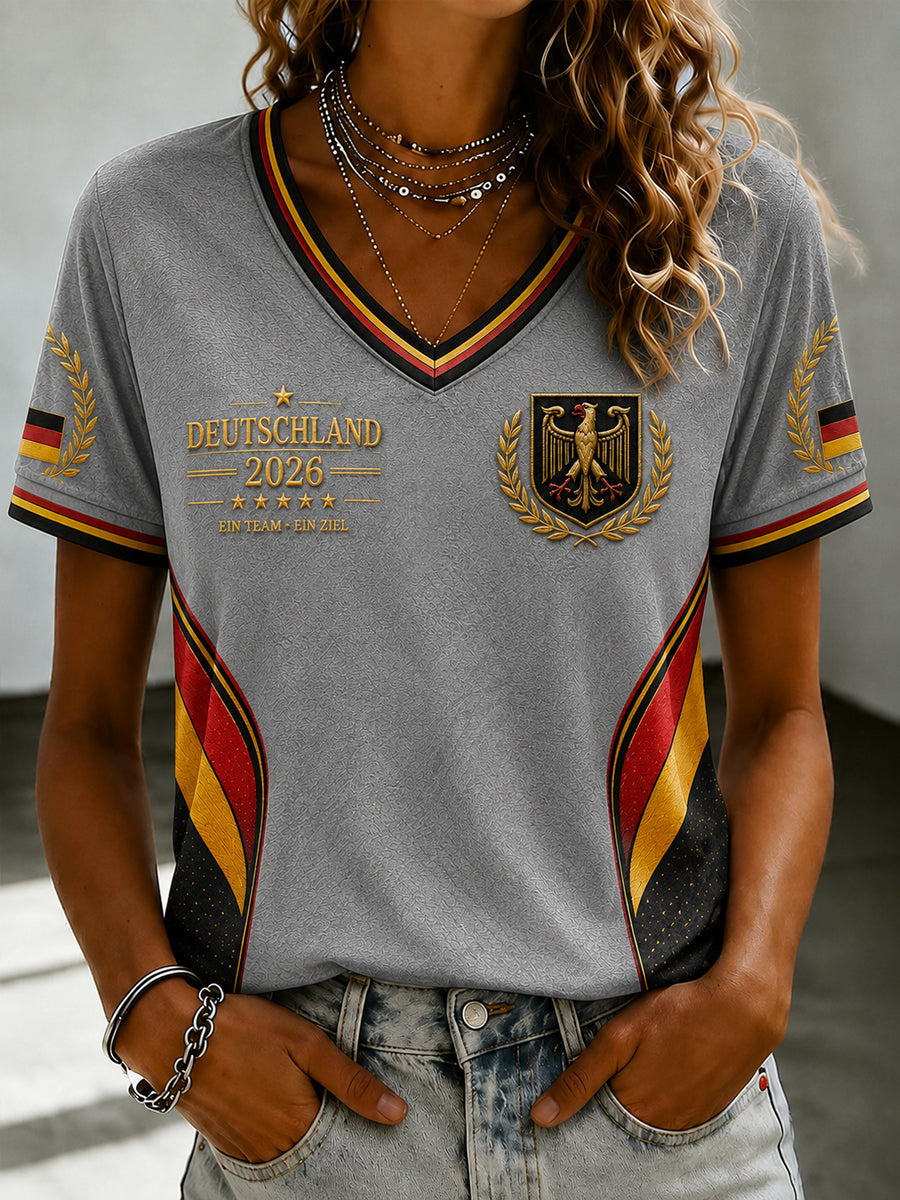 Damen-Fußballfan-T-Shirt mit Deutschland-Print und V-Ausschnitt