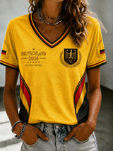 Damen-Fußballfan-T-Shirt mit Deutschland-Print und V-Ausschnitt