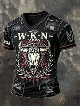 Herren-Vintage-Patchwork-T-Shirt im Wacken-Metal-Festival-Style mit V-Ausschnitt und lässigem Druck