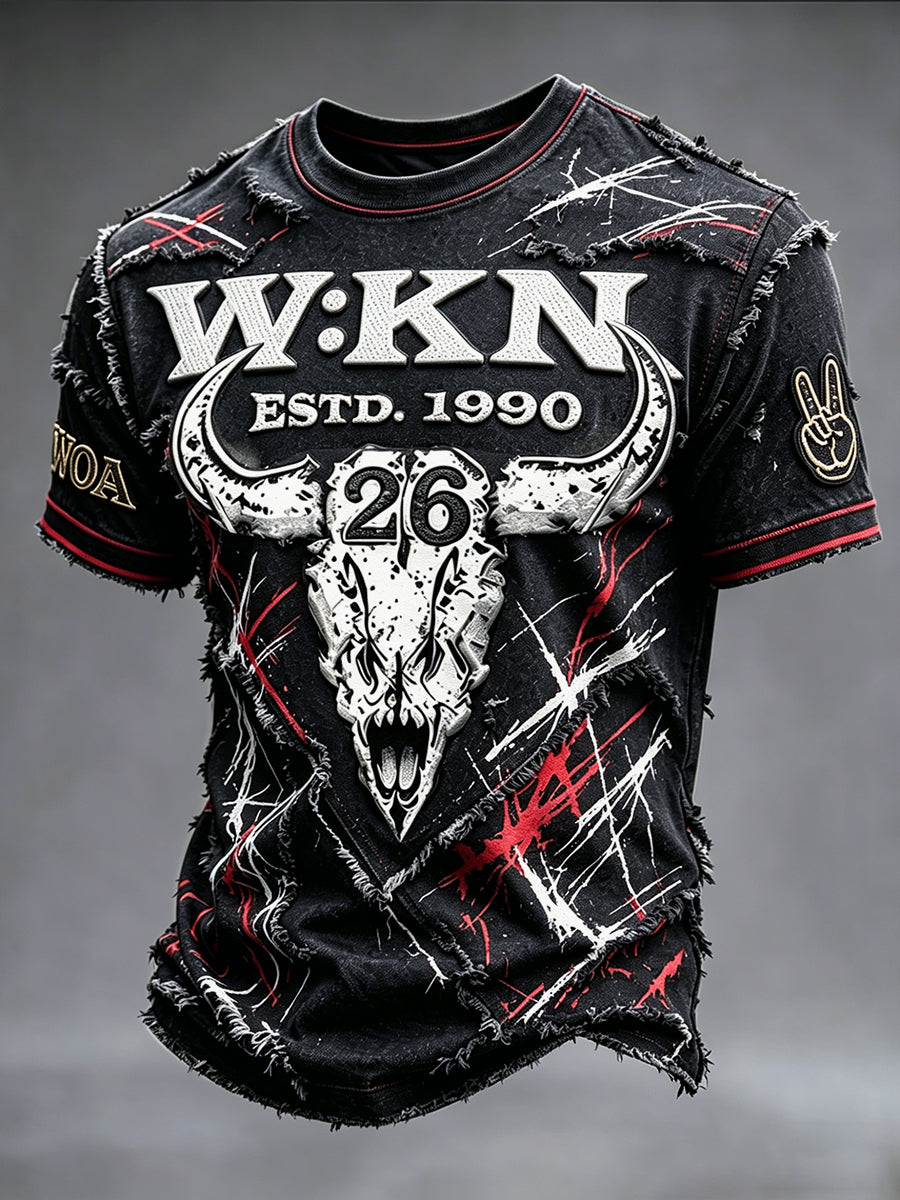 Herren-Vintage-Patchwork-T-Shirt im Wacken-Open-Air-Design, lässig