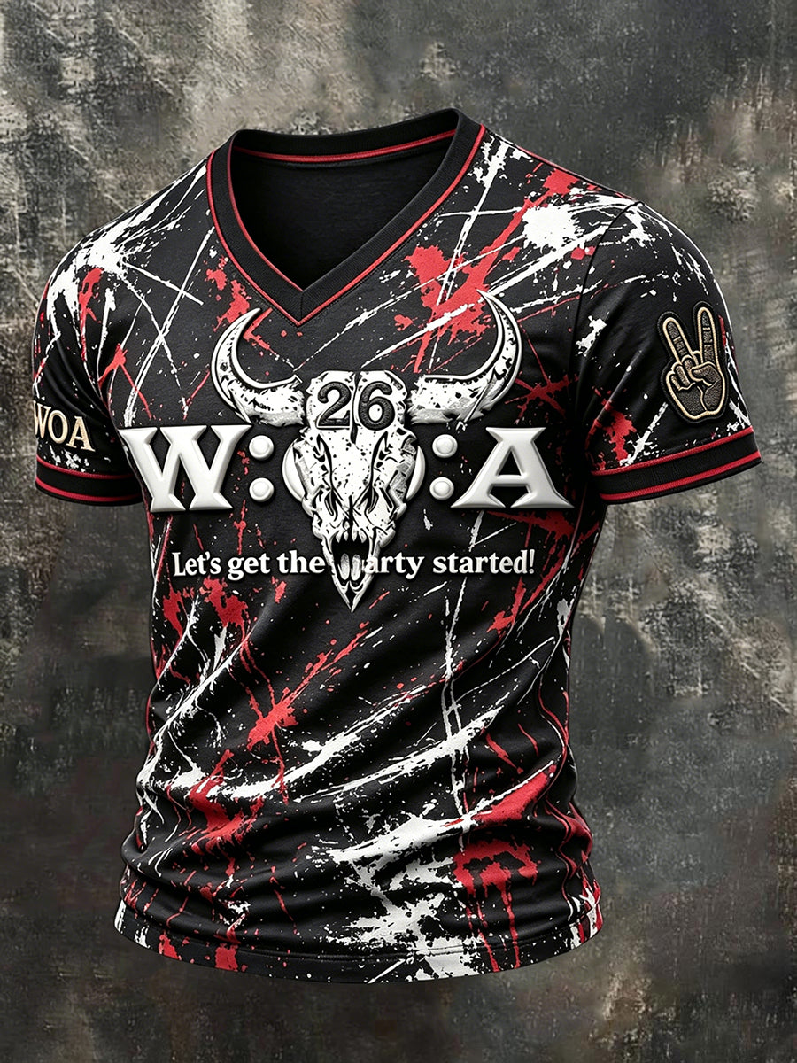 Herren-T-Shirt im Punk-Stil mit V-Ausschnitt und Wacken-Open-Air-Print – lässig und modisch