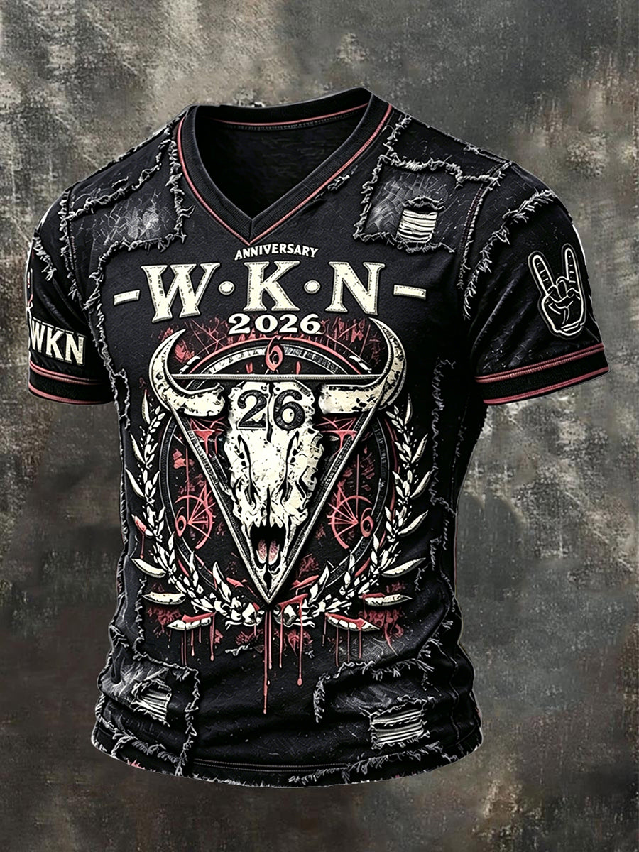 Herren-Vintage-Patchwork-T-Shirt im Wacken-Metal-Festival-Style mit V-Ausschnitt und lässigem Druck
