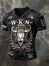 Herren-Vintage-Patchwork-T-Shirt im Wacken-Metal-Festival-Style mit V-Ausschnitt und lässigem Druck