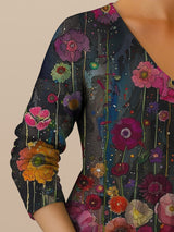 Damen Vintage Midi Kleid mit Boho Blumenprint – Baumwollmischgewebe, V-Ausschnitt, Langarm