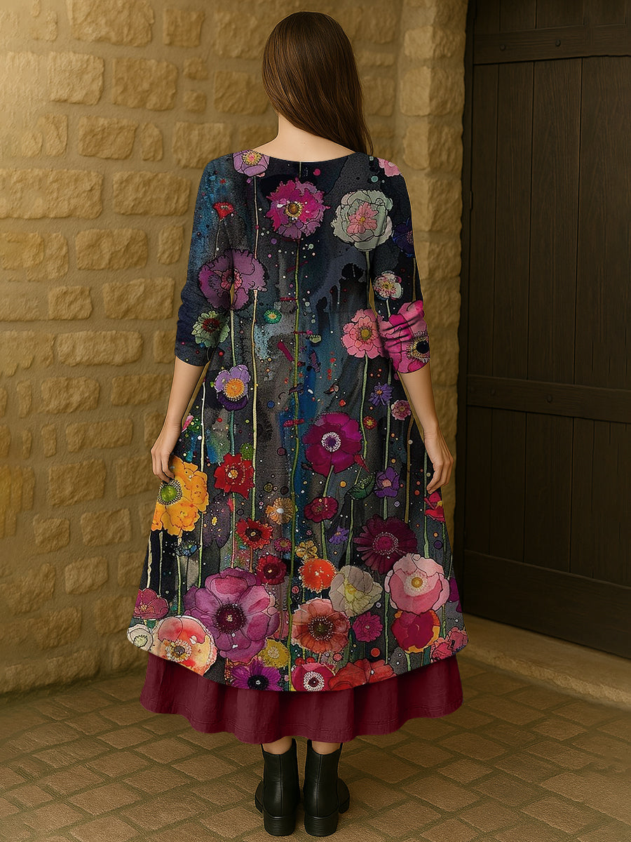 Damen Vintage Midi Kleid mit Boho Blumenprint – Baumwollmischgewebe, V-Ausschnitt, Langarm