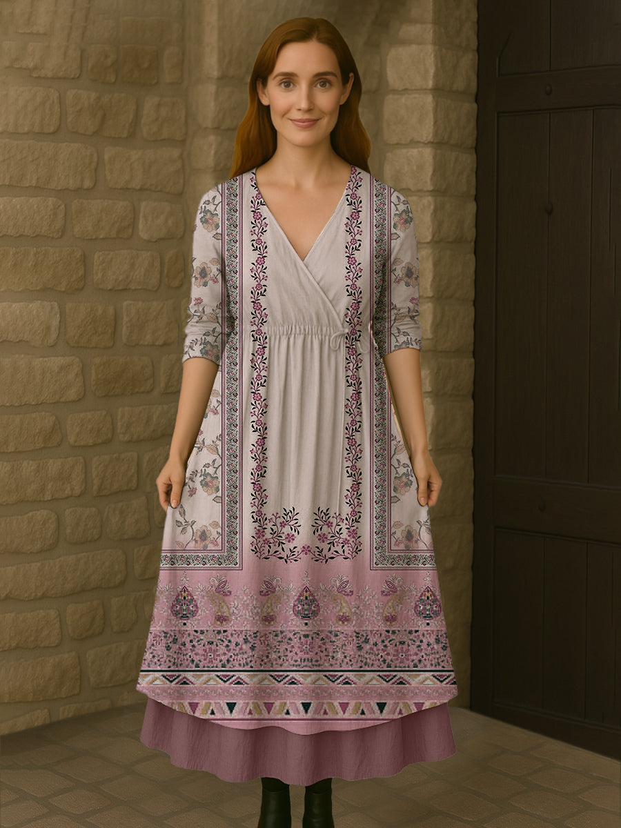 Boho Vintage Blumenkleid mit V-Ausschnitt – Retro Midi Kleid mit Doppel-Saum & langen Ärmeln aus Baumwollmix