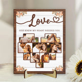 Personalisiertes Holz Fotoschild „God Knows My Heart Needs You“.