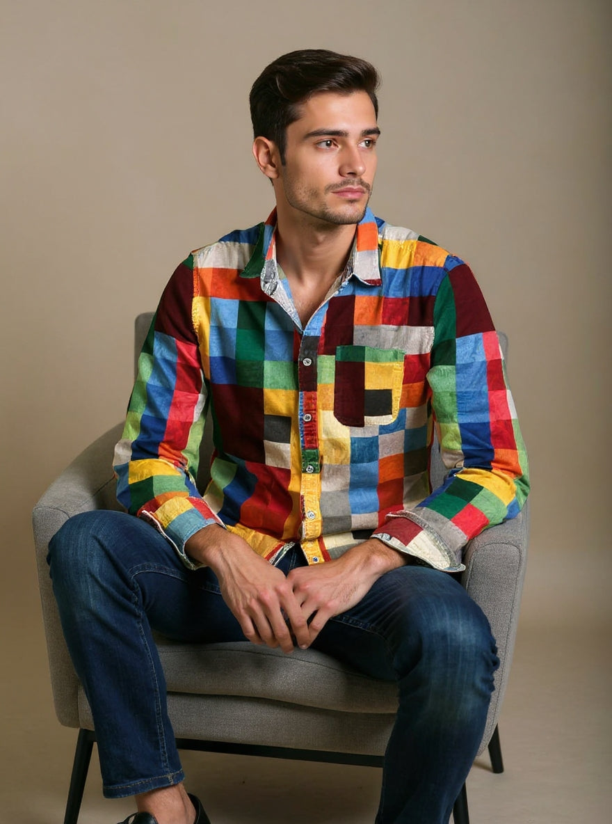 Unisex Vintage Karo Print Langarmhemd mit Regenbogenfarben - Baumwolle & Leinen, Casual, Leicht