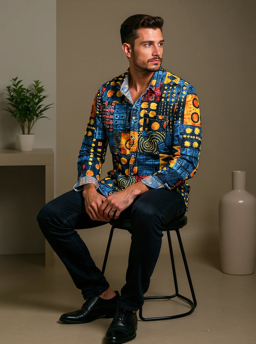 Herren Vintage Farbenfrohes Geometrisches Kunstprint Langarmhemd - Baumwolle & Leinen, Casual, Leicht