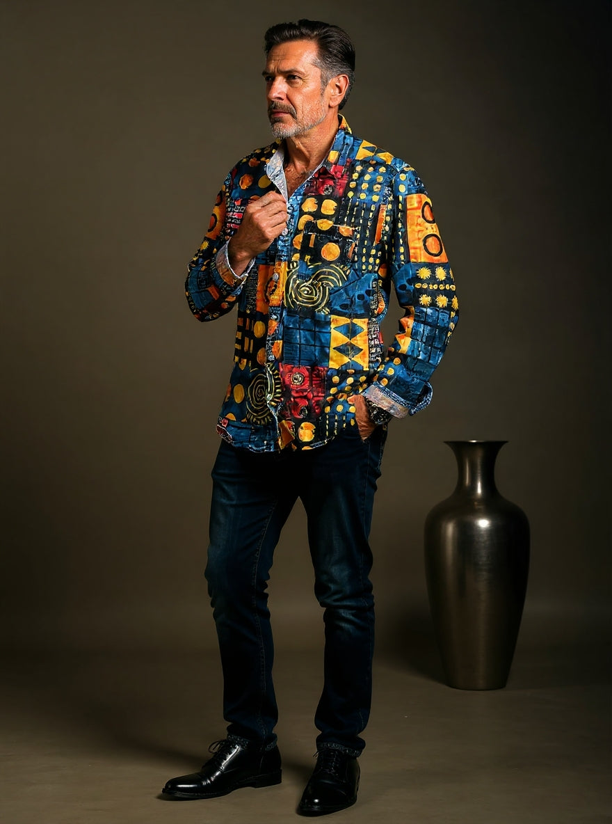 Herren Vintage Farbenfrohes Geometrisches Kunstprint Langarmhemd - Baumwolle & Leinen, Casual, Leicht