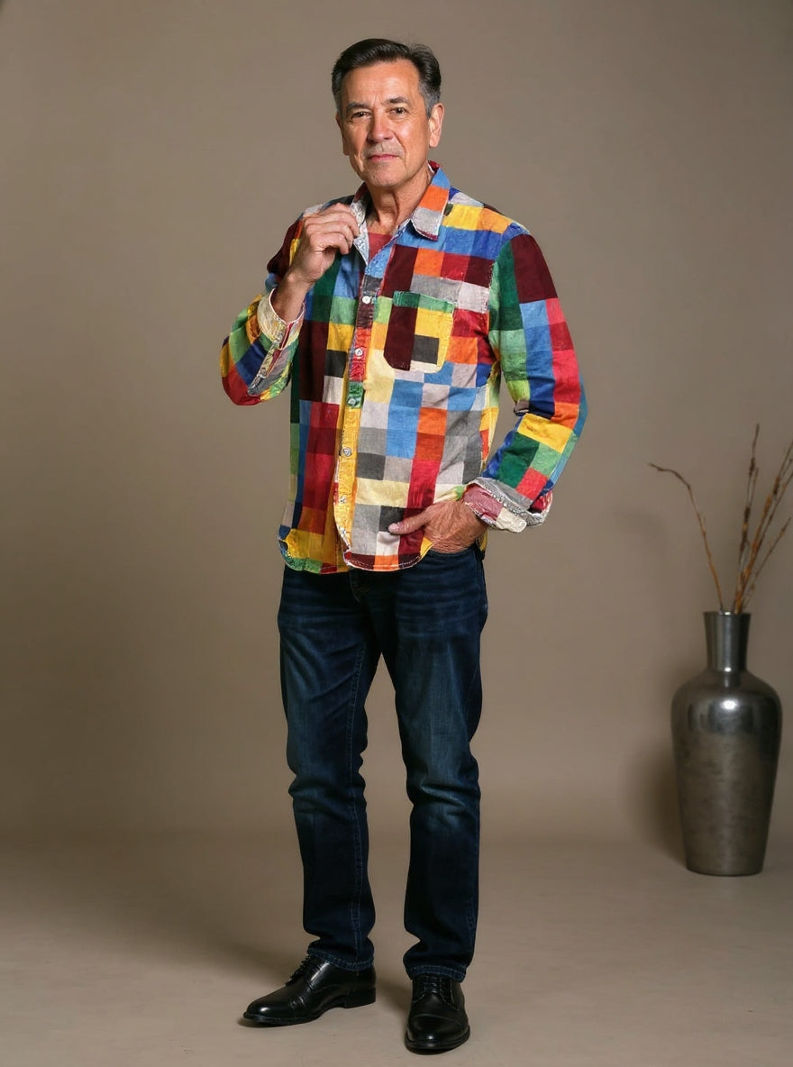 Unisex Vintage Karo Print Langarmhemd mit Regenbogenfarben - Baumwolle & Leinen, Casual, Leicht