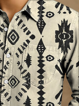 Herren Western Vintage Print Langarmhemd - Baumwolle & Leinen, Casual, Leicht