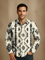 Herren Western Vintage Print Langarmhemd - Baumwolle & Leinen, Casual, Leicht