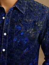 Unisex Vintage Lapislazuli Gold Textur Abstraktion Langarmhemd - Baumwolle & Leinen, Casual, Leicht