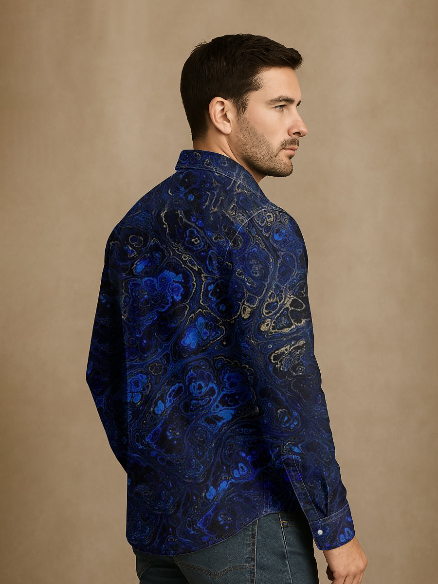 Unisex Vintage Lapislazuli Gold Textur Abstraktion Langarmhemd - Baumwolle & Leinen, Casual, Leicht