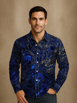 Unisex Vintage Lapislazuli Gold Textur Abstraktion Langarmhemd - Baumwolle & Leinen, Casual, Leicht