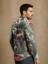 Herren Vintage Biker Print Langarmhemd - Baumwolle und Leinen, Casual, Leicht