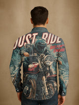 Herren Vintage Biker Print Langarmhemd - Baumwolle und Leinen, Casual, Leicht