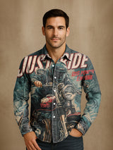 Herren Vintage Biker Print Langarmhemd - Baumwolle und Leinen, Casual, Leicht