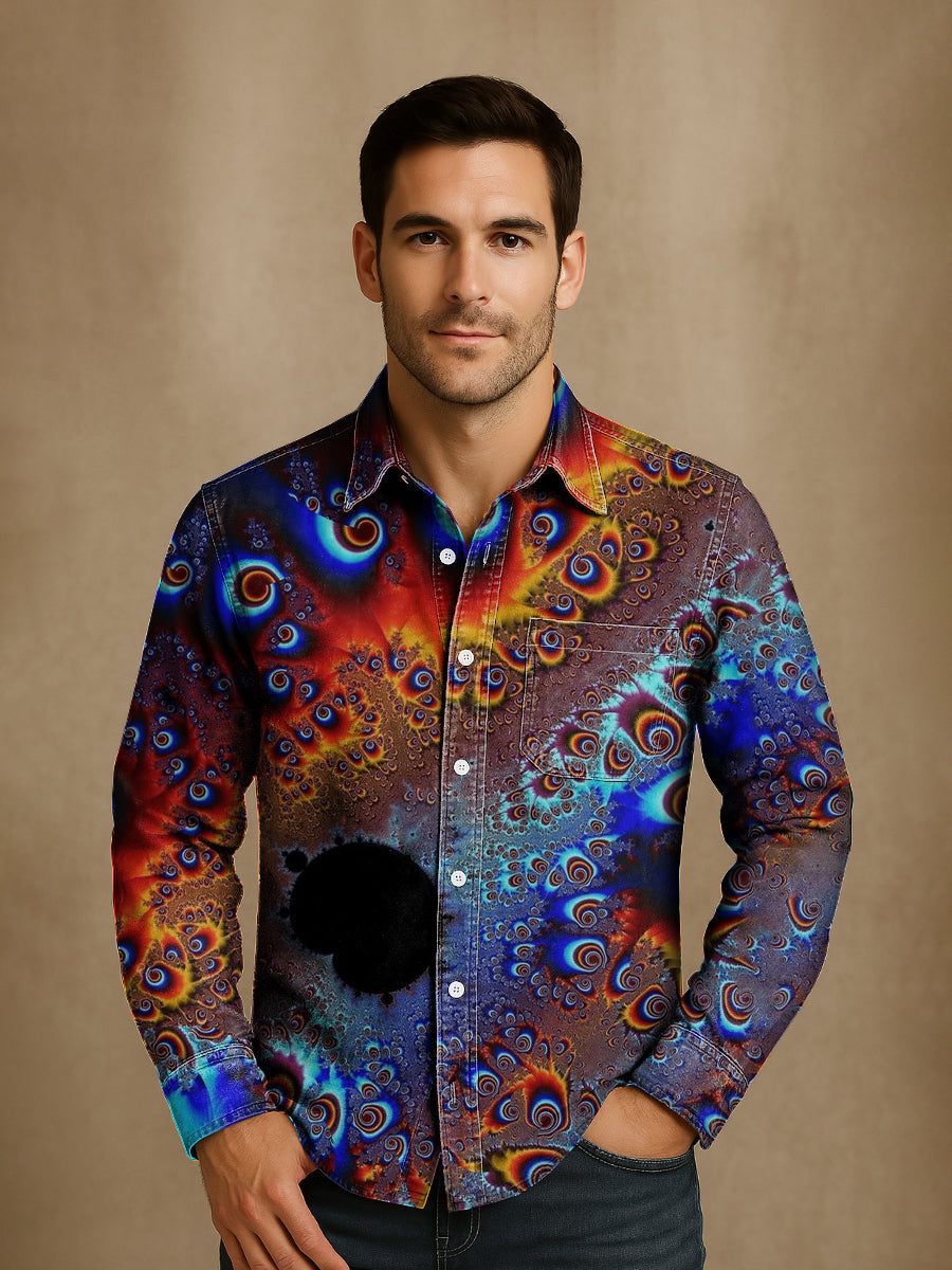 Unisex Retro Farbenfrohes Kunstprint Langarmhemd mit Reverskragen - Baumwollmix, Casual, Sportlich