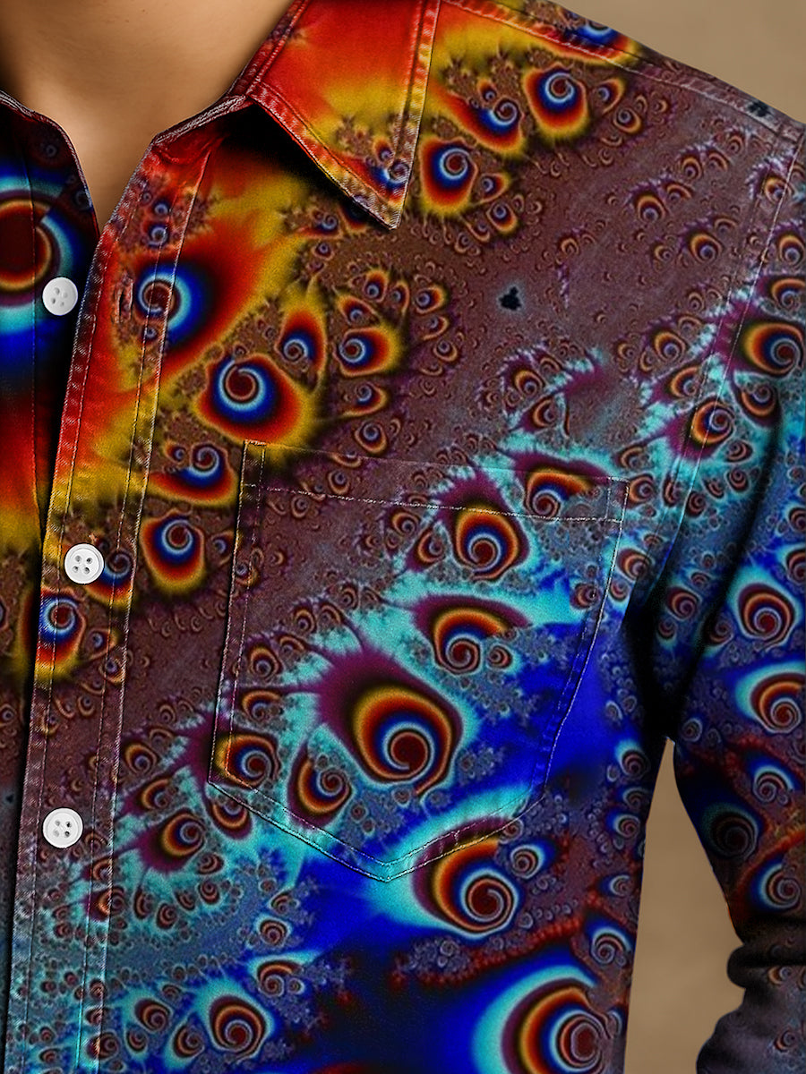 Unisex Retro Farbenfrohes Kunstprint Langarmhemd mit Reverskragen - Baumwollmix, Casual, Sportlich