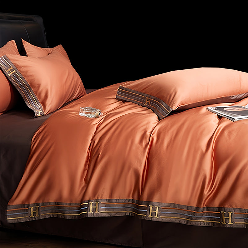 Zezzo Satin Baumwolle Bettwäsche Set 4-teilig - LB6 Orange Dunkelbraun