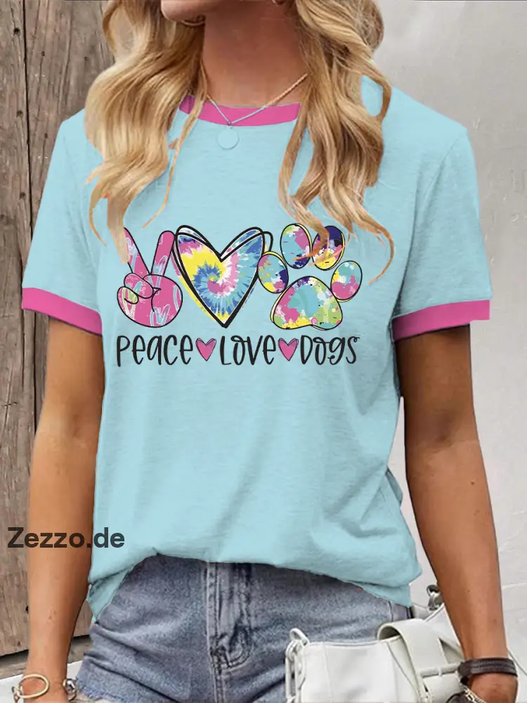 Damen T-Shirt mit Peace-Love-Dogs Print – Buntes Statement-Shirt für Hundefans Hellblau / S