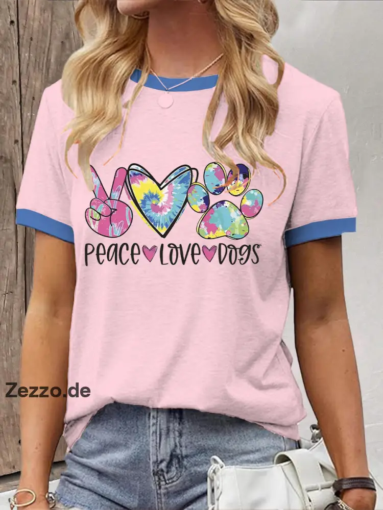 Damen T-Shirt mit Peace-Love-Dogs Print – Buntes Statement-Shirt für Hundefans Rosa / S
