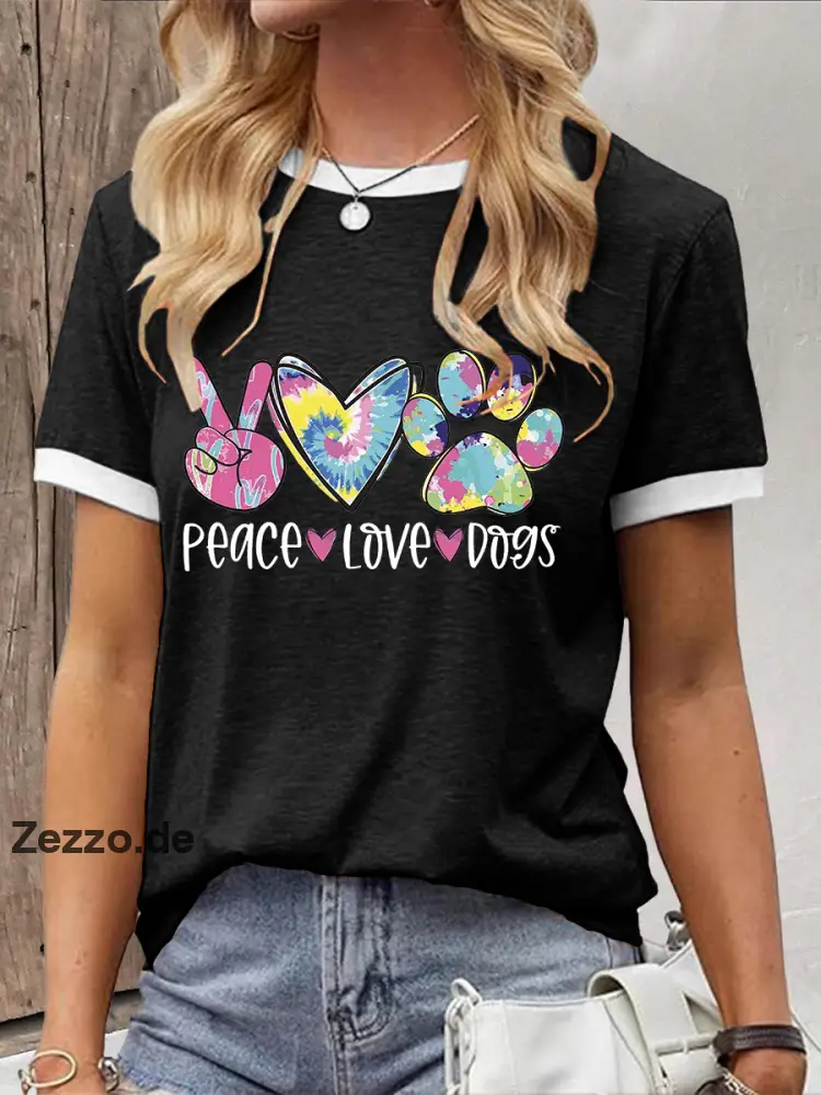 Damen T-Shirt mit Peace-Love-Dogs Print – Buntes Statement-Shirt für Hundefans Schwarz / S